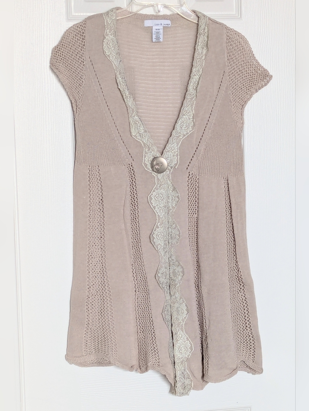 Women's (Medium) Sleeveless Lace-Trim Knit/Crochet Long Cardigan w/1 Button